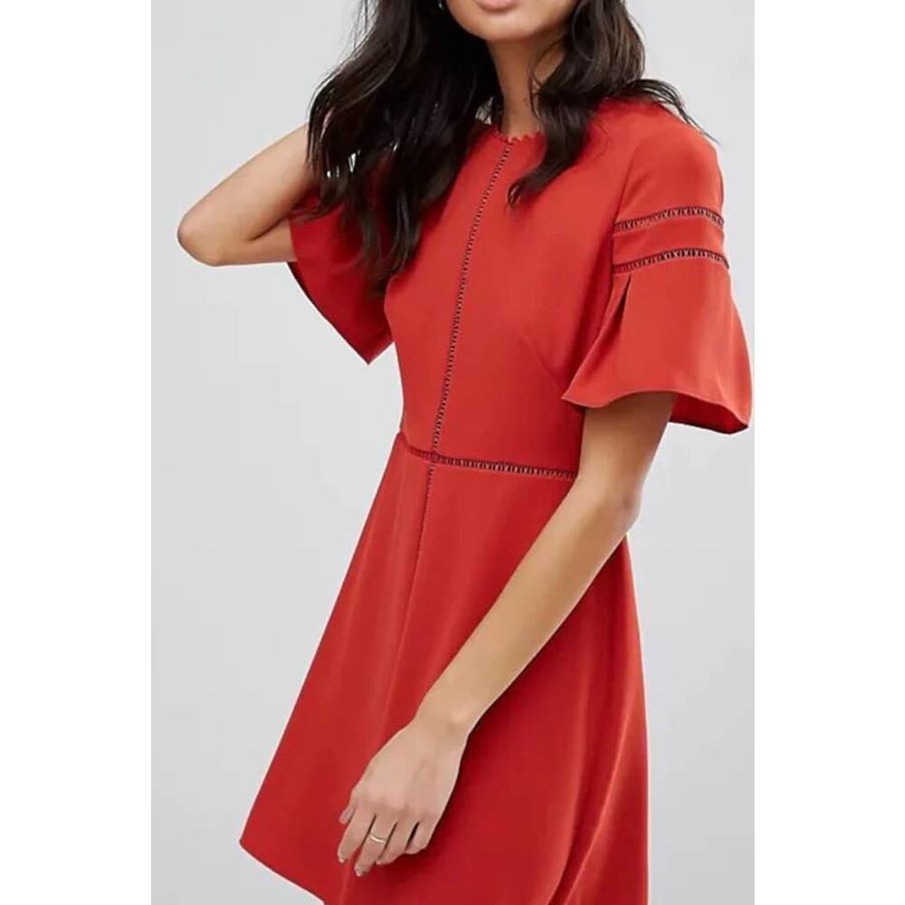 Whistles Women’s Size 4 Small Estrella Burnt Orange Fluted Sleeve Dress